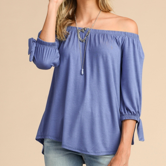 Blue Off the Shoulder Modal Tie Sleeve Top - Picture 2 of 6
